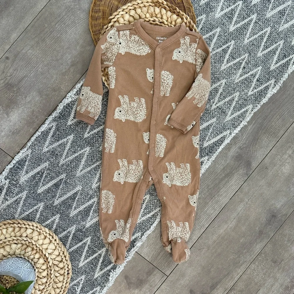 Carter's Brown Bear Patterned Button Snap Baby Boy Footies Size 9 Months Pajamas